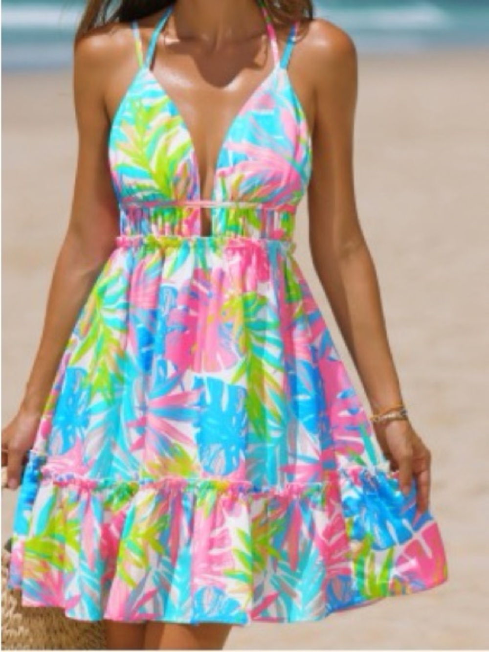 POPVIL V Neck Vibrant Tropical Floral Print Mini Dress - Pink, Blue & Green